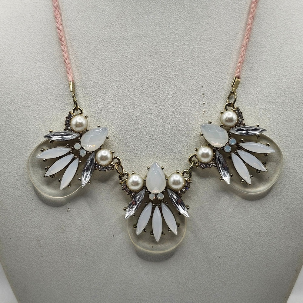 Lauren Conrad LC Faux Pearl Crystal Statement Necklace Pink Cord Gold Tone